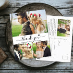 Budget Elegante 3 Foto Collage Wedding Vielen Dank Postkarte<br><div class="desc">Budget Elegant Stilvolles Handschrift Script 3 Foto Collage Wedding Vielen Dank Postcard. Minimalistische Hochzeit Dankeschön Karte Vorlage mit 3 Foto auf der Vorderseite und ein Foto auf der Rückseite. Mit dem Text "Danke" in einer Wirblen Hand schreiben Typografie Skript-Schriftart mit Swash-Schwanz und kleine Liebe Herz in Schwarz-Weiß. Einfach Ihren individuelle...</div>