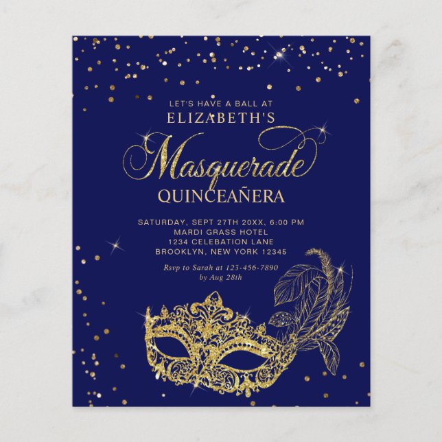BUDGET Elegante Blue Gold Masquerade Quinceañera (Vorderseite)