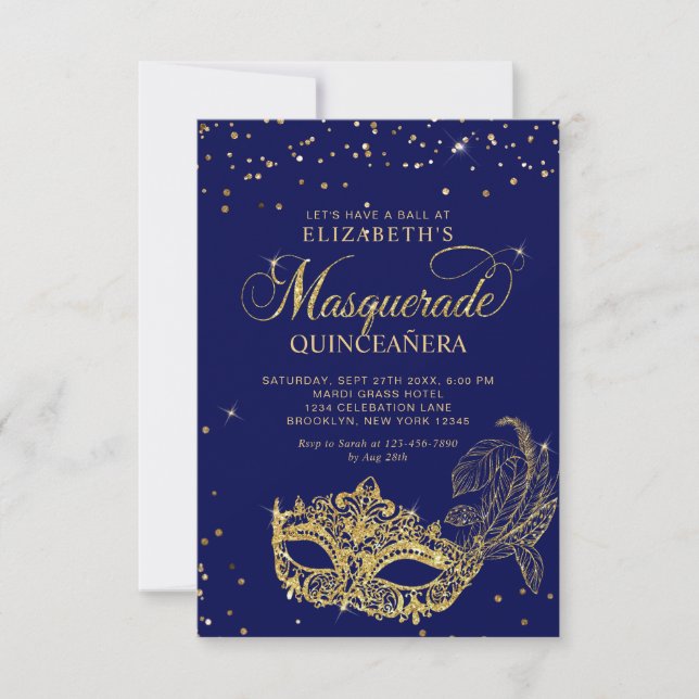 BUDGET Elegante Blue Gold Masquerade Quinceañera Mitteilungskarte (Vorderseite)