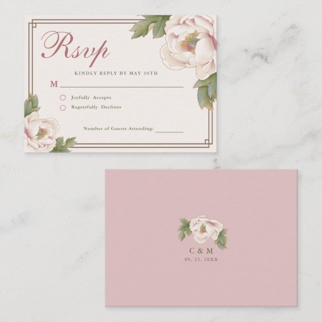 BUDGET Elegante Blush Peony Floral Wedding RSVP Mitteilungskarte (Vorne/Hinten)
