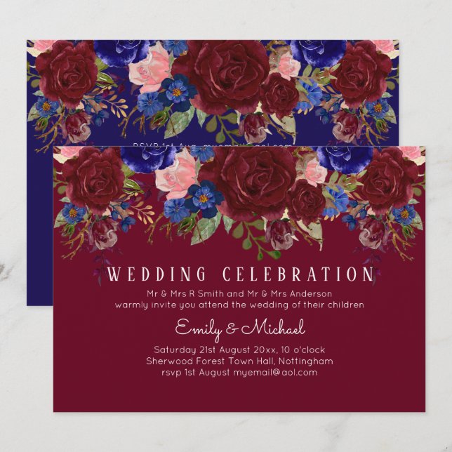 BUDGET Elegante Burgundy Blue Floral Wedding Einla Einladung (Vorne/Hinten)