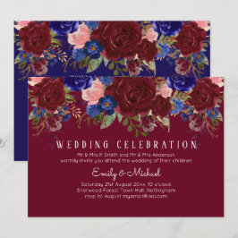 BUDGET Elegante Burgundy Blue Floral Wedding Einla Einladung
