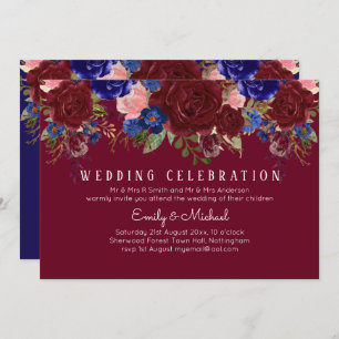 BUDGET Elegante Burgundy Blue Floral Wedding Einla Einladung
