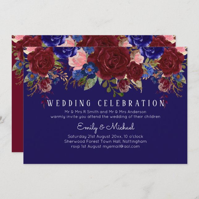 BUDGET Elegante Burgundy Blue Floral Wedding Einla Einladung (Vorne/Hinten)