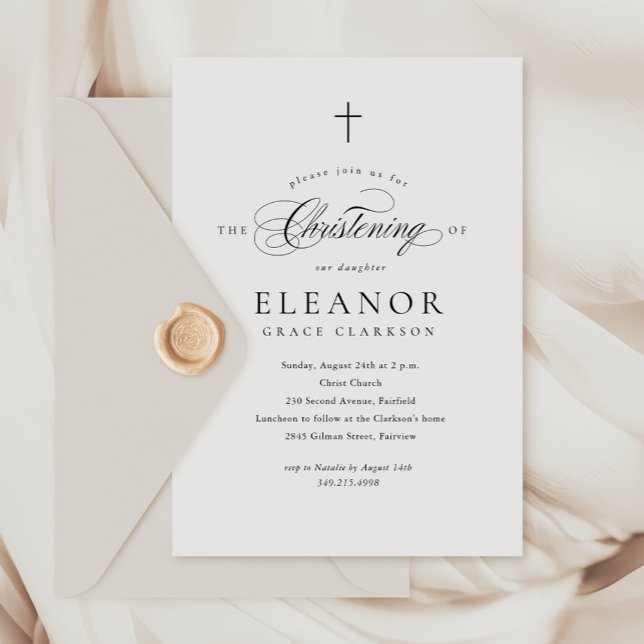 Budget Elegante Cross Calligrafy Christening Einladung (Von Creator hochgeladen)