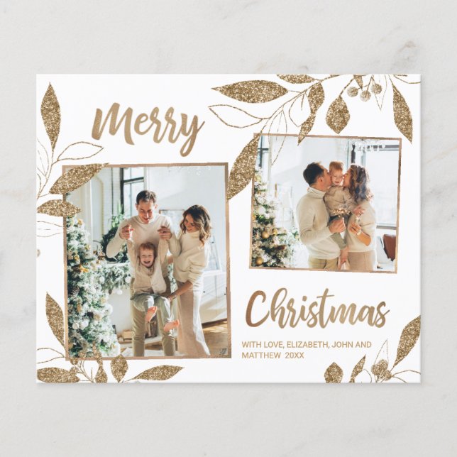 Budget Elegante Gold Blätter 2 Foto Weihnachtskart (Vorderseite)
