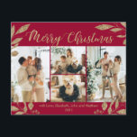 Budget Elegante Gold Burgundy Foto Weihnachtskarte<br><div class="desc">Budget, Elegant, Moderne Gold und Burgund Botanische Blätter 4 Foto Collage Frohe Weihnachtsferien (dünn!) Karte. Dieses festliche, mimimalistische, skurrile vier (4) Foto-Urlaubskarte-Template verfügt über eine hübsche Gitter Foto Collage, Imitate goldgedeckte Folie botanische Blätter, Winterbeeren und sagt Frohe Weihnachten! Der Grußtext "Frohe Weihnachten" ist in einem handgeschriebenen Schriftart auf Bordeaux, Bordo...</div>