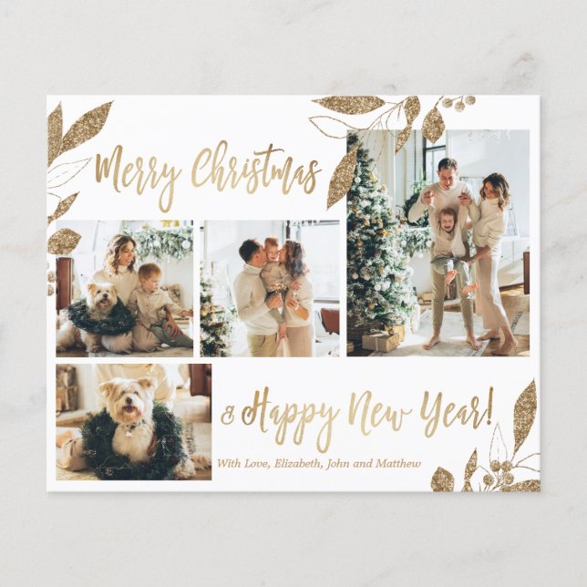 Budget Elegante Gold Foliage Foto Weihnachtskarte (Vorderseite)
