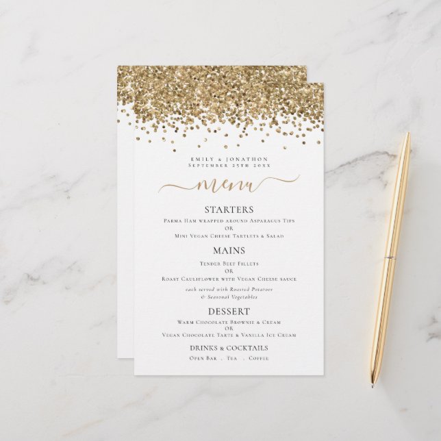 Budget Elegante Gold Glitzer Hochzeitsmenü (Vorderseite/Rückseite Beispiel)