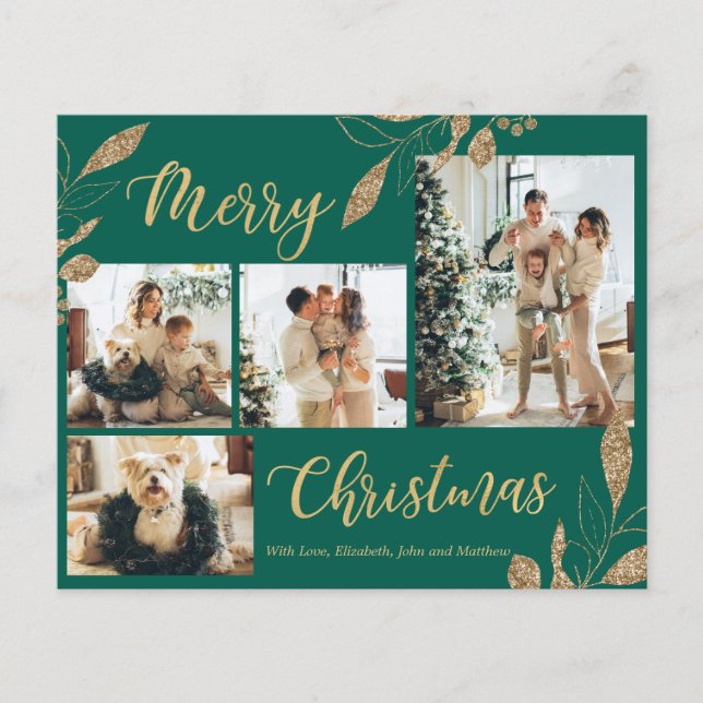 Budget Elegante Green Gold Foto Weihnachtskarte (Vorderseite)