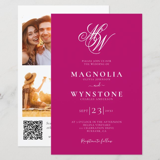 Budget Elegante Monogram QR Code Einladung Hochzei (Vorne/Hinten)