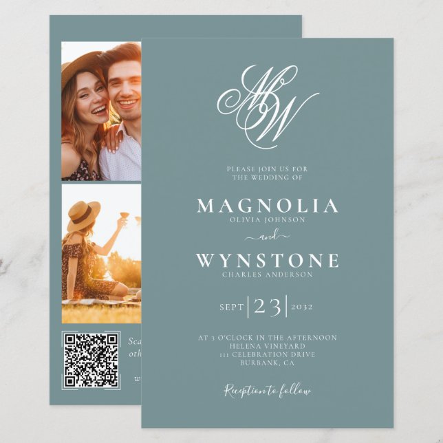 Budget Elegante Monogram QR Code Einladung Hochzei (Vorne/Hinten)