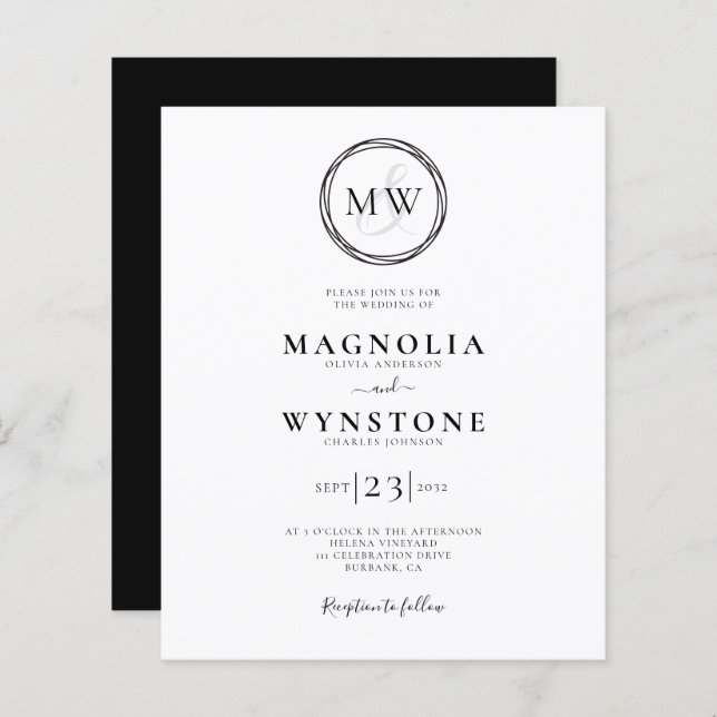 Budget Elegante Monogram Wedding Einladung (Vorne/Hinten)