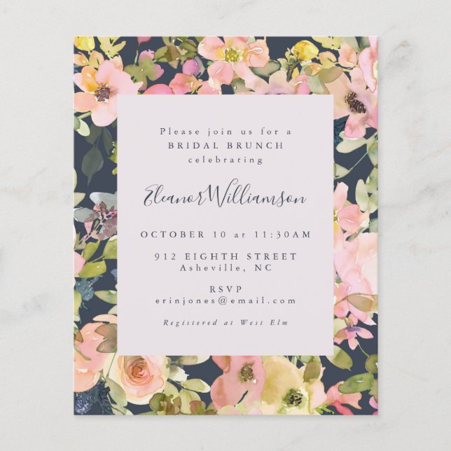 Budget Elegante Navy Floral Bridal Brunch Einladun (Vorderseite)