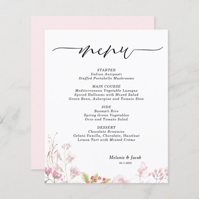 Budget Elegante rosa Floral Flat Menu Karte (Vorne/Hinten)