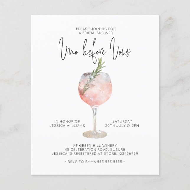 Budget Elegante Rosa Vino vor Vows Brautparty Flyer (Vorne)
