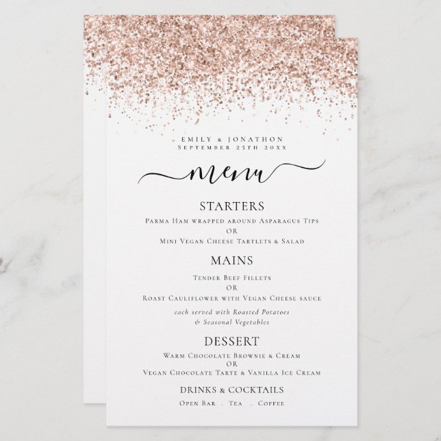 Budget Elegante Rose Gold Glitzer Hochzeitsmenü (Vorne/Hinten)