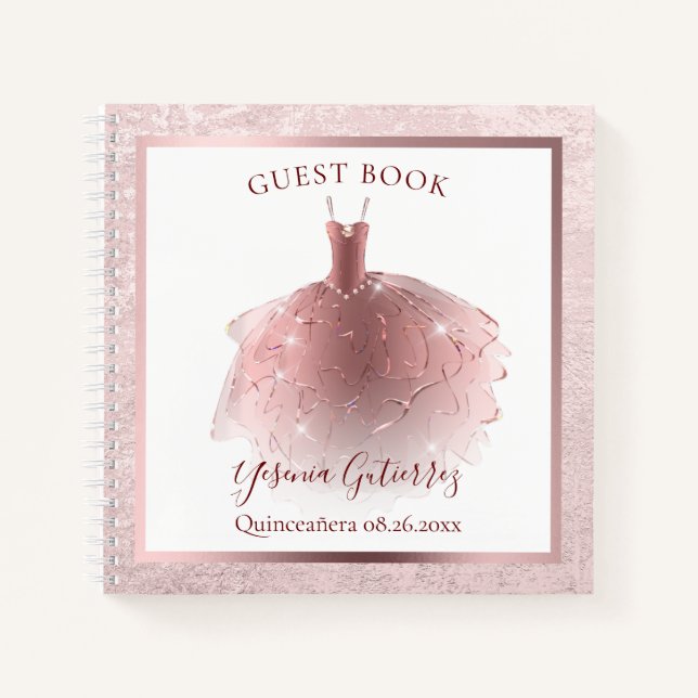 Budget Elegante Rose Gold Quinceñera Dress Gast Notizbuch (Vorderseite)