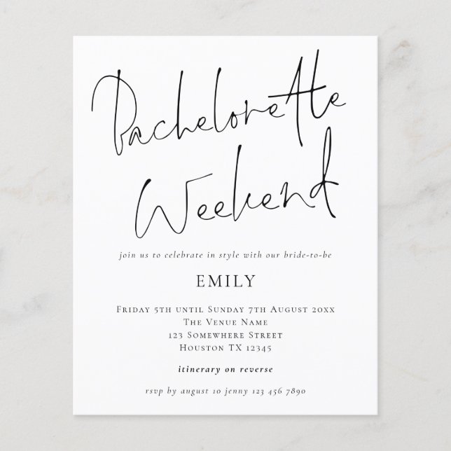 Budget Elegante Script Bachelorette Wochenende Ein (Vorderseite)