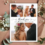 Budget Elegante Script Collage Wedding Vielen Dank Postkarte<br><div class="desc">Budget Modernes Drehbuch 3 Foto Collage Wedding Vielen Dank Postard. Minimalistische Hochzeit danke Karte Vorlage mit drei (3) Foto auf der Vorderseite und ein (1) Foto auf der Rückseite. Mit dem "Danke"-Text in einer Wirblen Hand geschrieben Typografie Swash Schwanz Schriftart-Skript in schwarzer Farbe auf weißem Hintergrund. Kleines Herzmotiv zwischen den...</div>