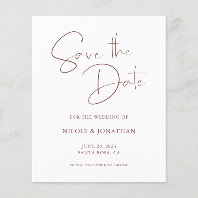 Budget Elegante Terracotta Script Save the Date (Vorderseite)
