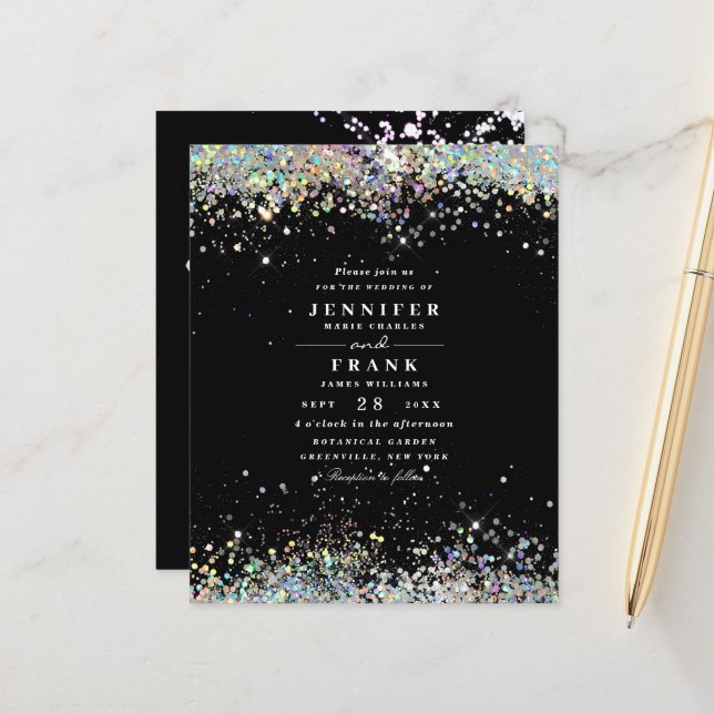 Budget Eleganter Glitzer Black Wedding Einladung (Vorderseite/Rückseite Beispiel)