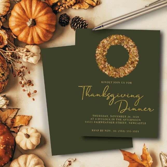 Budget Eleganter grüner Herbstkranz-Erntedank (Budget Elegant Green Autumn Wreath Thanksgiving Invitation)
