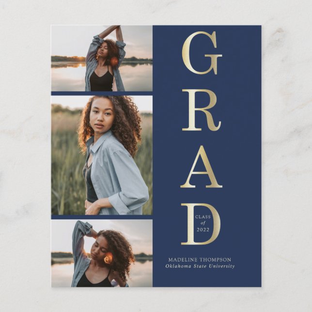 Budget Eleganter Navy Blue Gold 3 Foto Abschluss (Vorderseite)