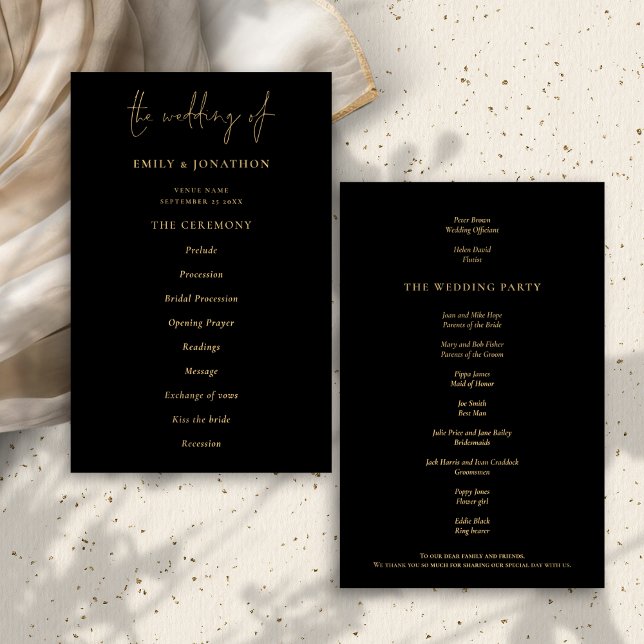 Budget Elegantes Gold Black Wedding Programm (Front and back view)