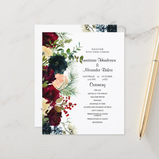 Budget Elegantes Hochzeitsprogramm für Blume. (Vorderseite/Rückseite Beispiel)