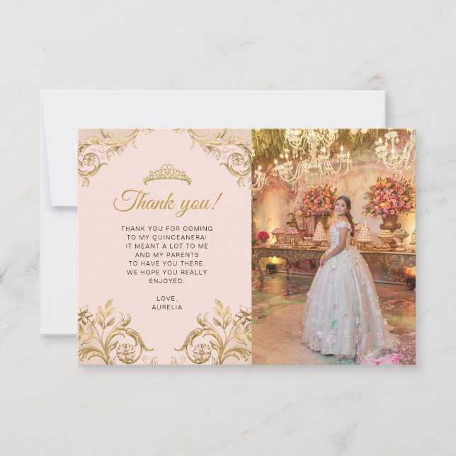 BUDGET Elegantes Rosa Rosa Gold Foto Quinceñera Mitteilungskarte (Vorderseite)