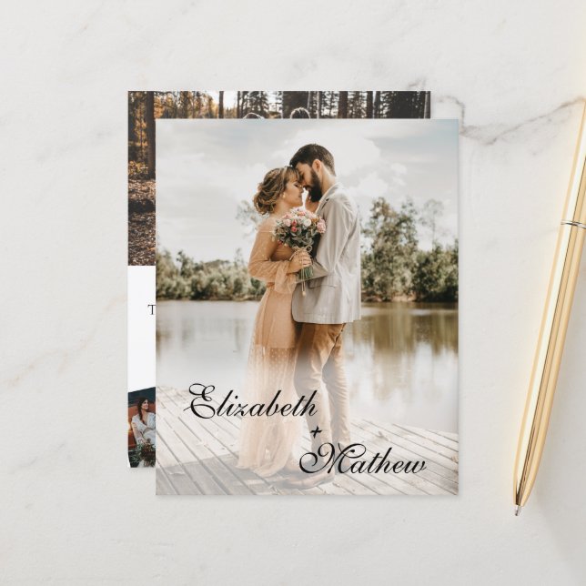 Budget Elegantes Script 5 Foto Einladung Hochzeit (Vorderseite/Rückseite Beispiel)