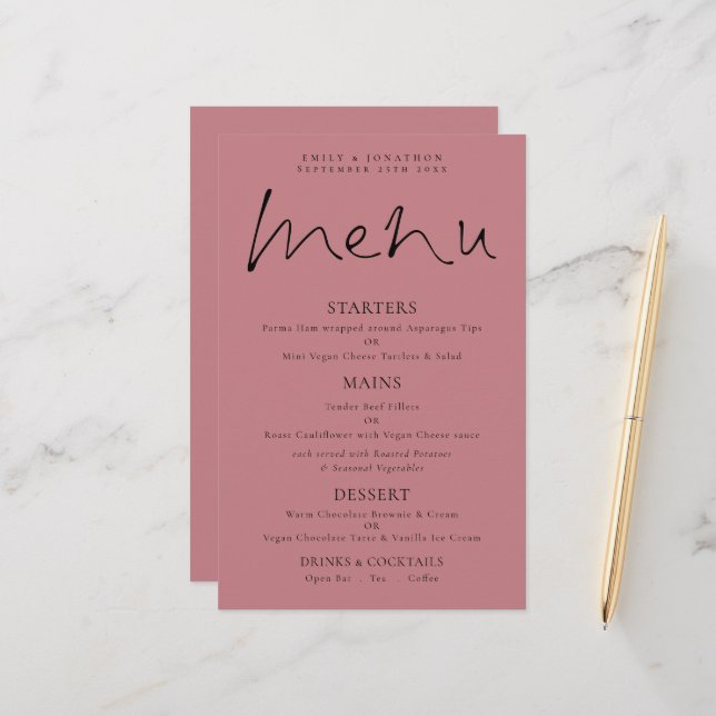 Budget Elegantes Script Dusty Rose Wedding Menu (Vorderseite/Rückseite Beispiel)