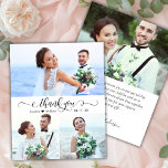 Budget Elegantes Script Foto Hochzeit Danke Karte<br><div class="desc">Budget Modern Elegant Script 3 Foto Collage Wedding Vielen Dank für das günstige Low Budget Thin Card. Stilvolle Hochzeitsvorlage mit 3 Foto auf der Vorderseite mit "Danke" Text in einer handgeschriebenen Kalligraphie oder Typografie Swash Schwanz Schriftart-Skript in Schwarz-Weiß. Kleines Liebe Herzmotiv zwischen den Namen. Auf der Rückseite ein Foto und...</div>