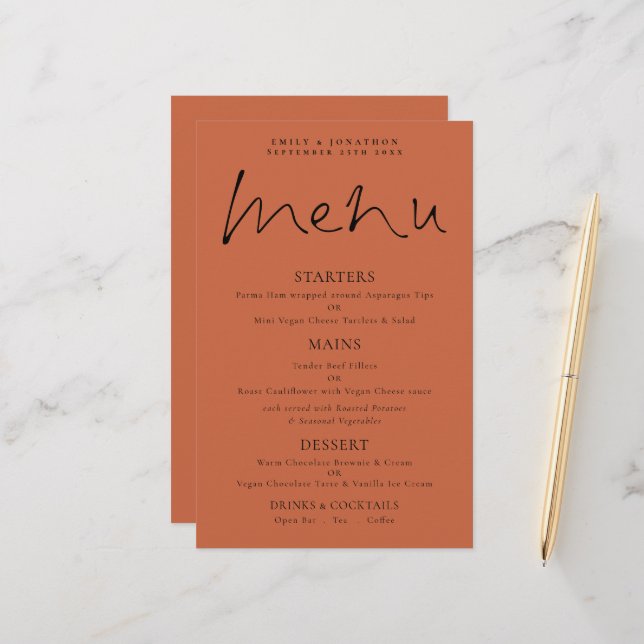 Budget Elegantes Script Terracotta Wedding Menu (Vorderseite/Rückseite Beispiel)