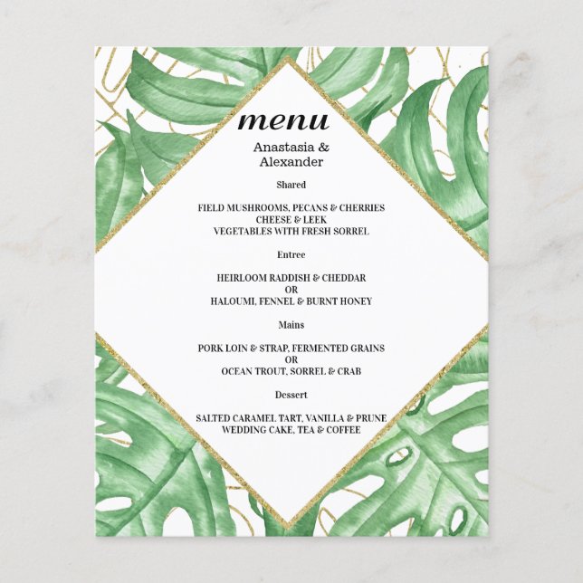 Budget Elegantes Tropisches WEDDING MENU. Flyer (Vorne)