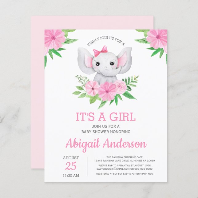 BUDGET Elephant Baby Shower Girly Einladung (Vorne/Hinten)