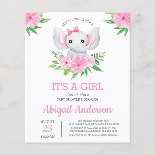 BUDGET Elephant Baby Shower Girly Einladung Flyer (Vorne)