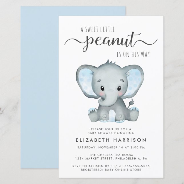 Budget Elephant Blue Baby Dusche Einladung (Vorne/Hinten)