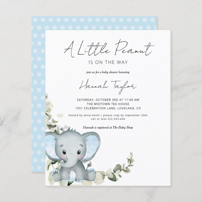 Budget Elephant Boy Baby Shower Einladung (Vorne/Hinten)