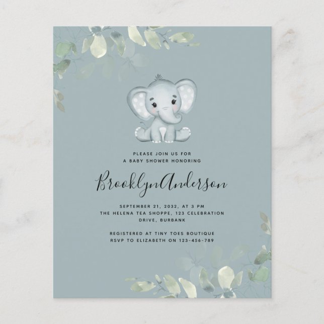 BUDGET Elephant Eucalyptus Baby Shower Einladung (Vorderseite)