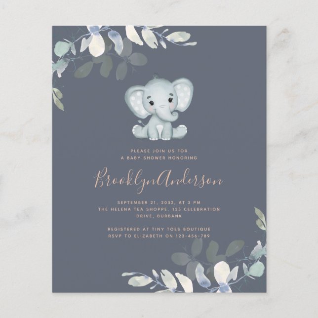 BUDGET Elephant Eucalyptus Baby Shower Einladung (Vorderseite)