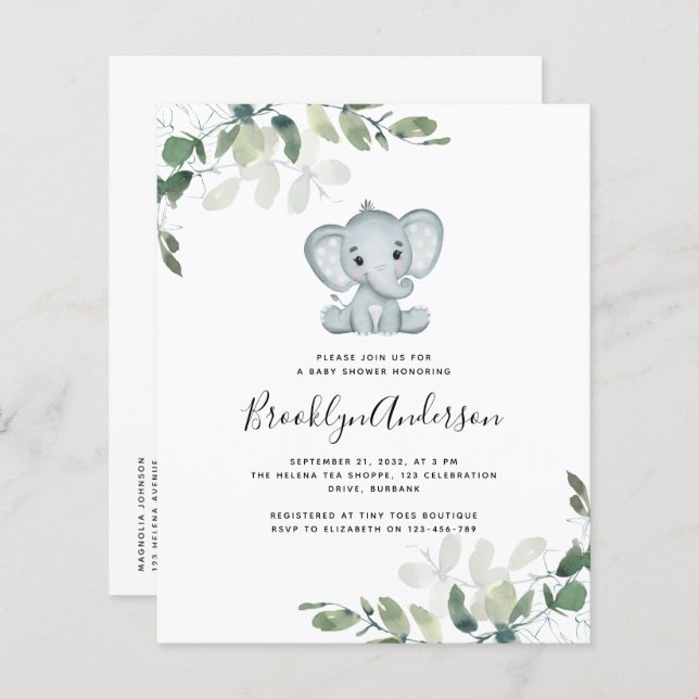 BUDGET Elephant Eucalyptus Baby Shower Einladung (Vorne/Hinten)