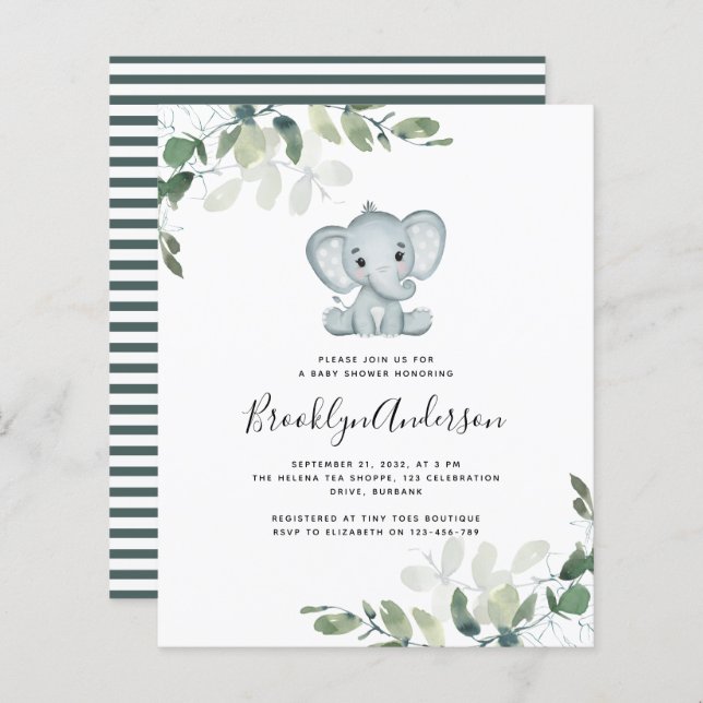BUDGET Elephant Eucalyptus Baby Shower Einladung (Vorne/Hinten)