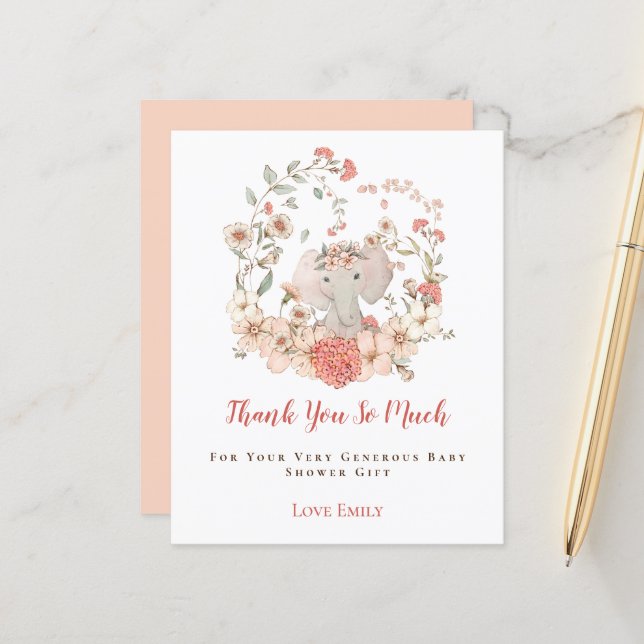 Budget Elephant Floral Peach Baby Dusche Vielen Da (Vorderseite/Rückseite Beispiel)