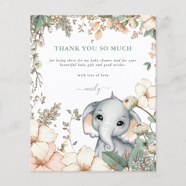 Budget Elephant Floral Sage Baby Dusche Vielen Dan (Vorderseite)