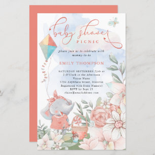 Budget Elephant Florals Baby Shower Picnic Einladu