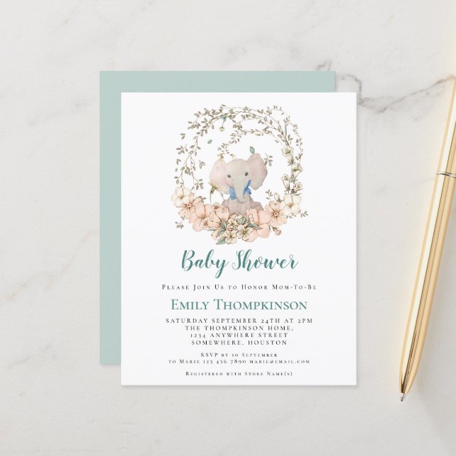 Budget Elephant Foliage Boy Babydusche Einladung (Vorderseite/Rückseite Beispiel)