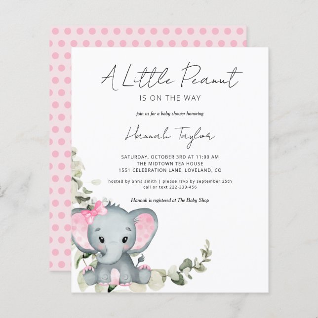 Budget Elephant Girl Baby Shower Einladung (Vorne/Hinten)