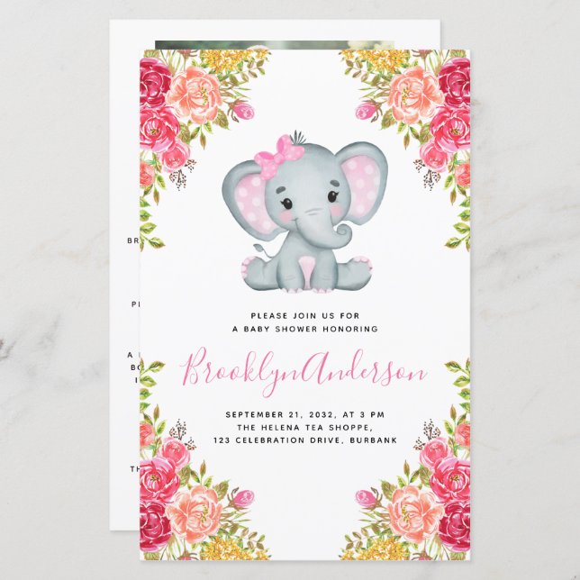 BUDGET Elephant Girl Foto Kinderdusche Einladung (Vorne/Hinten)